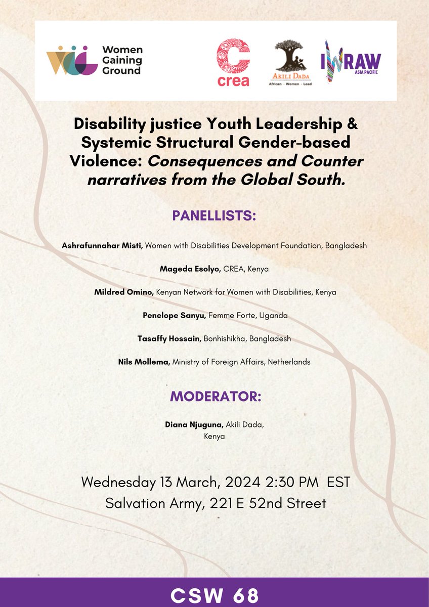 Join @ThinkCREA, @IWRAW_AP, @AkiliDada led Women Gaining Ground at our #CSW68 event on 13 March. 'Disability justice, youth leadership & systemic structural gender-based violence: Consequences & Counter narratives from the Global South'. Register here: docs.google.com/forms/d/1_VMte…