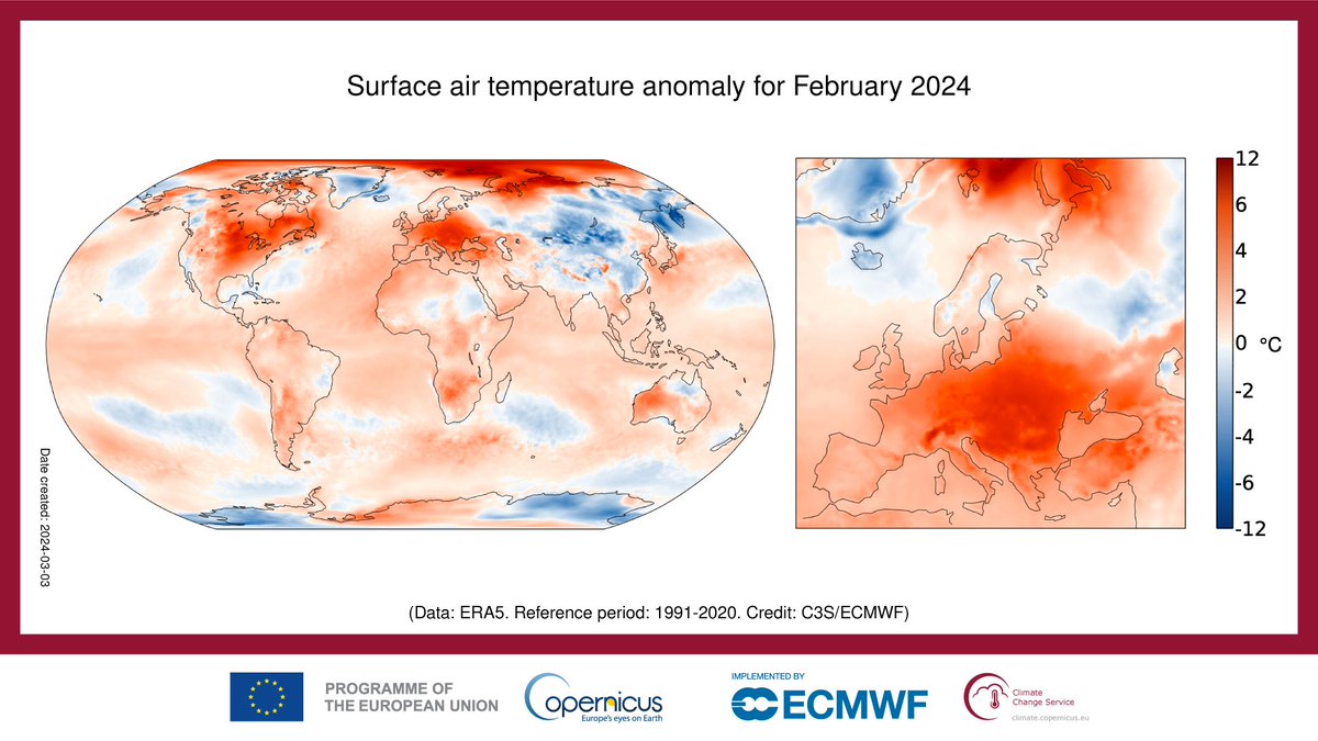 February #Temperature highlights from the #CopernicusClimate Change Service (#C3S). Last month was: 🌡 the warmest February on record globally; 🌡 1.77°C warmer than an estimate of the pre-industrial average February temperature. For more information 👉climate.copernicus.eu/surface-air-te…