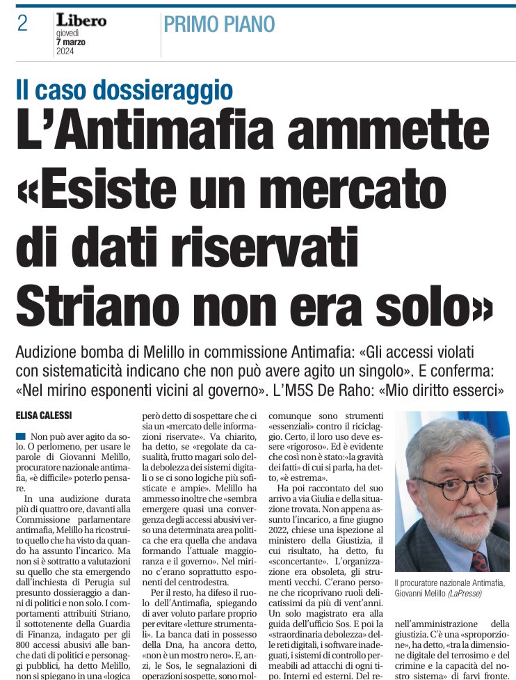 fratotolo2's tweet image. Il procuratore nazionale Antimafia ammette che esiste un MERCATO di dati riservati e che il finanziere Striano non poteva aver agito da solo. 

Se questa volta non viene giù tutto, vuol dire che la democrazia in Italia è solo una parola vuota di significato. 
#dossieraggi