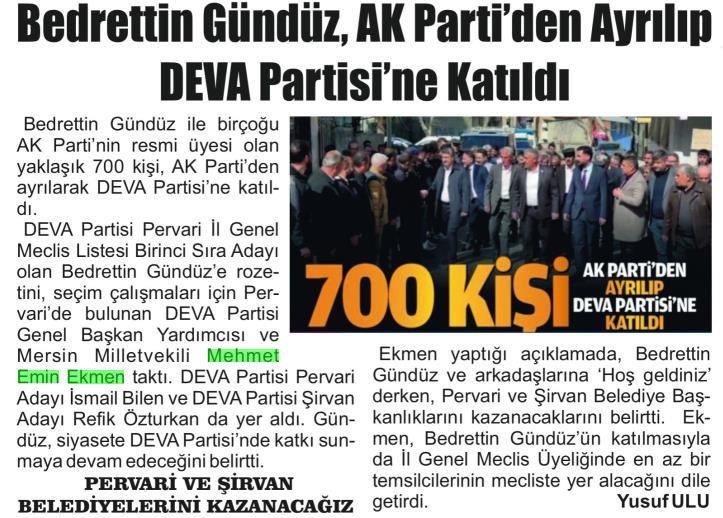 BEDRETTİN GÜNDÜZ, AK PARTİ'DEN AYRILIP DEVA PARTİSİNE KATILDI
