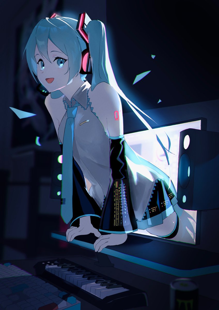 hatsune miku 1girl keyboard (computer) solo long hair twintails detached sleeves necktie  illustration images