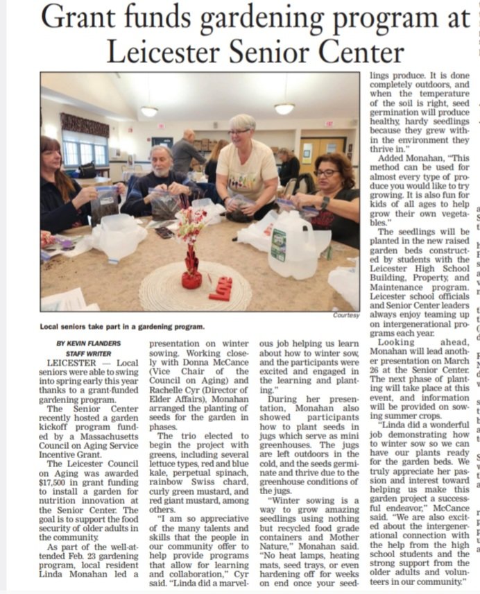 @Bob_Lazzari ❤️ @NKaravedas @Michsteer The Leicester Senior Center is very excited to hit the front page as Linda Monahan teaches winter sowing for our new #garden, made possible by the @masscoa SIG grant for #nutrition innovation. We have our greens planted! Tomatoes next! 🍅