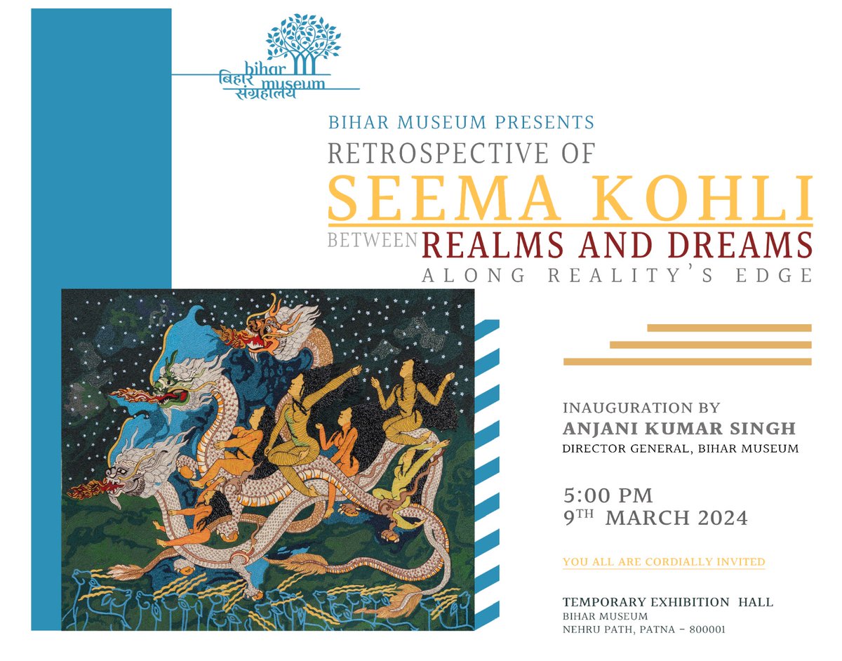 TourismBiharGov's tweet photo. Please join us for the inauguration of 'Between Realms and Dreams: Along Reality’s Edge' by Seema Kohli and 'Moksh' by Amresh Kumar on March 9, 2024, at 5 pm at Bihar Museum, Patna. 
.
.
.
.
#BiharMuseum #Exhibition #BlissfulBihar #BiharTourism #Bihar #MuseumOfIndia #IncredibleIndia