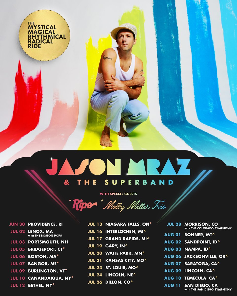 Jason MMRRRaz (@jason_mraz) on Twitter photo I'm thrilled to continue The Mystical Magical Rhythmical Radical Ride this summer with special guests <a href="/ripe_love/">Ripe (The Band)</a> (July 5-13) & the Molly Miller Trio (July 16-26 & Aug 1-10)! Plus we've added 3 shows, including one with <a href="/TheBostonPops/">Boston Pops</a> on July 2.
🎟️ JasonMraz.com 🎢✨ I'm thrilled to continue The Mystical Magical Rhythmical Radical Ride this summer with special guests <a href="/ripe_love/">Ripe (The Band)</a> (July 5-13) & the Molly Miller Trio (July 16-26 & Aug 1-10)! Plus we've added 3 shows, including one with <a href="/TheBostonPops/">Boston Pops</a> on July 2.
🎟️ JasonMraz.com 🎢✨