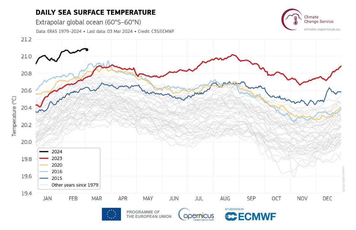 Febrero de 2024 ha sido el más cálido desde que hay registros a escala global, según datos de <a href="/CopernicusECMWF/">Copernicus ECMWF</a>. 

La temperatura del agua del mar continúa batiendo récords absolutos, no solo mensuales: desde que hay datos, nunca había alcanzando una temperatura media tan elevada.