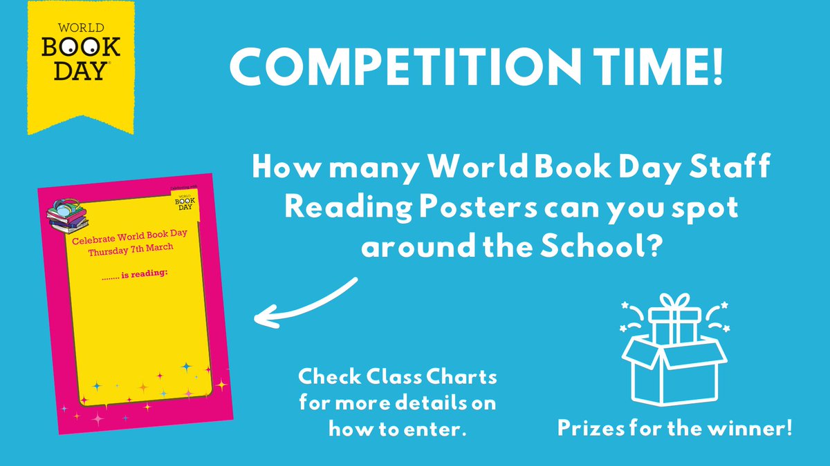 Happy World Book Day! As well as the daily quizzes I have been posting on Class Charts, we are also challenging pupils &amp; students to find all the staff reading posters that are up around school! If you haven't had your £1 token yet pop into the library to collect one.
