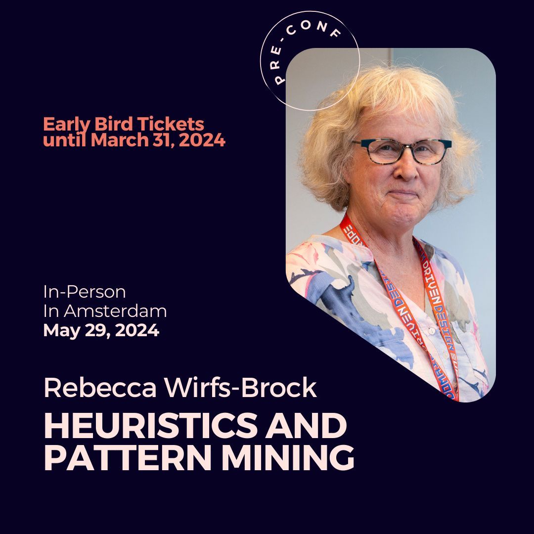 This workshop gives you the opportunity to immerse yourself in the latest techniques for finding, organizing, and describing software-related patterns and heuristics. buff.ly/4bAIbR6 with Rebecca Wirfs-Brock