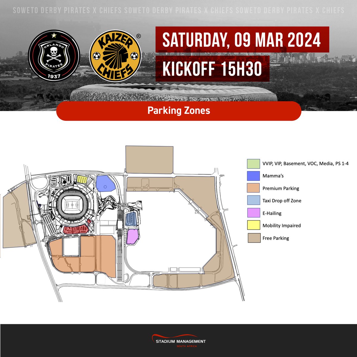 Are you ready for the Soweto Derby? Please consult this infographic for information on all the parking zones for the Derby this Saturday. Kick-off 15:30. Gates open 11:30. Arrive early & enjoy the fixture responsibly! #smsa #fnbstadium #sowetoderby #dstvpremiership