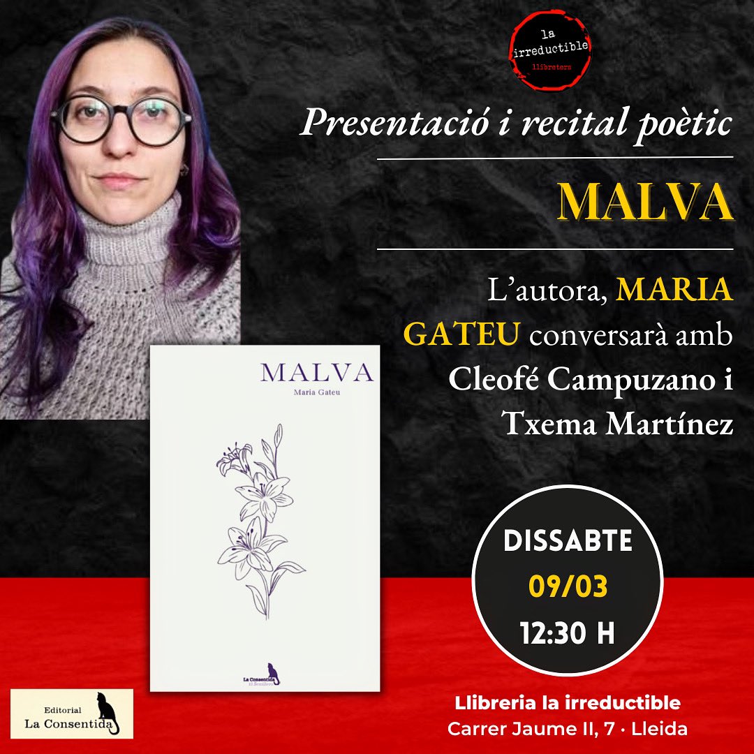 lairreductible1's tweet image. I aquest dissabte a l’hora del vermut tenim l’esperadíssima presentació del poemari de la Maria Gateu (@alev0sia), #Malva. La Maria estarà magníficament acompanyada pels també poetes #CleoféCampuzano i @txmmtnz. Es llegiran poemes i ens ho passarem genial, esteu avisats!!