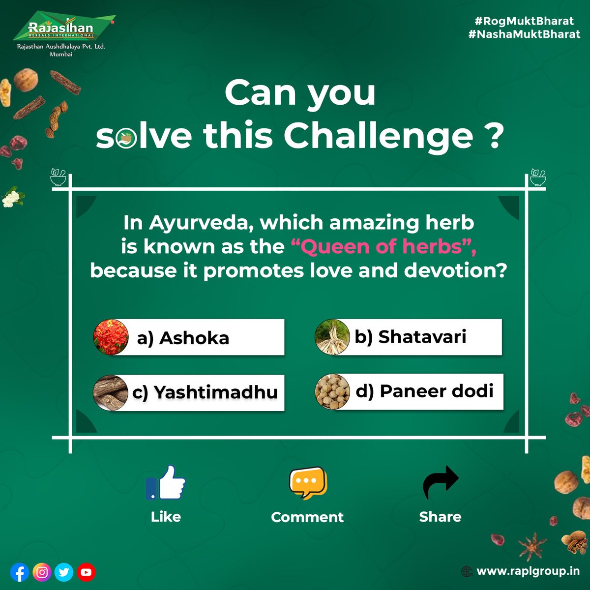 raplgroup's tweet image. Let&apos;s learn together! Take our MCQ quiz and discuss the answers in the comments

Tag a friend👭 👬 to challenge them too

#mcqchallenge #MCQ #Quiz #QuizChallenge #ayurveda #herbs #HerbOfTheWeek #raplgroup #rajasthanaushdhalaya #ayurvedic