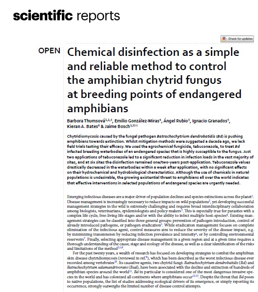 'Chemical disinfection as a simple and reliable method to control the amphibian chytrid fungus at breeding points of endangered amphibians', de Thumsová, González-Miras, Rubio, Granados, Bates & Bosch en Scientific Reports. doi.org/10.1038/s41598…