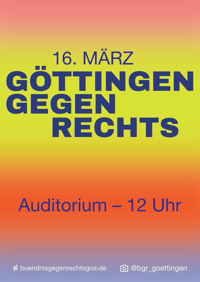 Das Bündnis gegen Rechts #Göttingen ruft für den 16.03. ab 12:00 Uhr am Auditorium zum erneuten #LautGegenRechts auf. Und natürlich werden wir dabei sein.

#Goe1603 #fckafd #WirSindDieBrandmauer #wirsindmehr