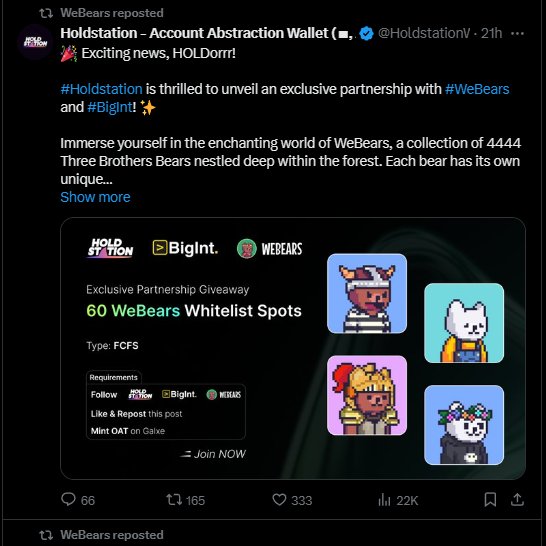 GACryptoO's tweet photo. 📢 #zkSync Hyped NFT #webears Mint Coming
💥 You are whitelisted for the @WeBearsNFT mint, If you Followed Our @BigInt Post & minted Bigint Domain or Picasso NFT ✅
❕Our Previous BigInt Post
🔹Bigint Handle: https://t.co/em1NZg8zgm
✅ If you want to mint, Follow this 👇🏻
💥 Mint Site: https://t.co/yjY9GSRCbq
🔹 Key Points
➖ Total Supply: 4444 NFTs | FCFS
➖ WL Mint Price: 0.0015 $ETH (zkSync)
➖ Public Mint Price: 0.002 $ETH
⏰ WL Mint Starts: 7th March at 6:30 PM (IST)
⏰ Public Mint Starts: 7th March at 7:30 PM (IST)
This is the second NFT collection to be launched on @BigIntCo. The first collection @dudiesnft made 5-6x profit!
💬 Like👍 RT🍻