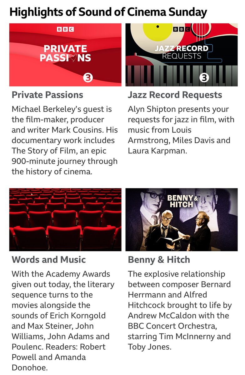 Much to look forward to on @BBCRadio3 this Sunday… 🎥 🍿 🎵 bbc.co.uk/programmes/art…