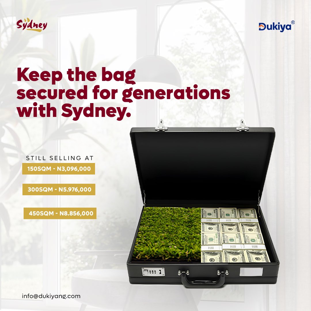 Anthony_olas's tweet photo. @sil_vee_yah Do you want the hard work you do today to pave way for your generations to come? 

Now you can get the bag and keep it secured for generations with Sydney by Dukiya. 

Plots selling from N3,096,000.

Please send us a dm for enquiries. https://t.co/QR69XY4b4v