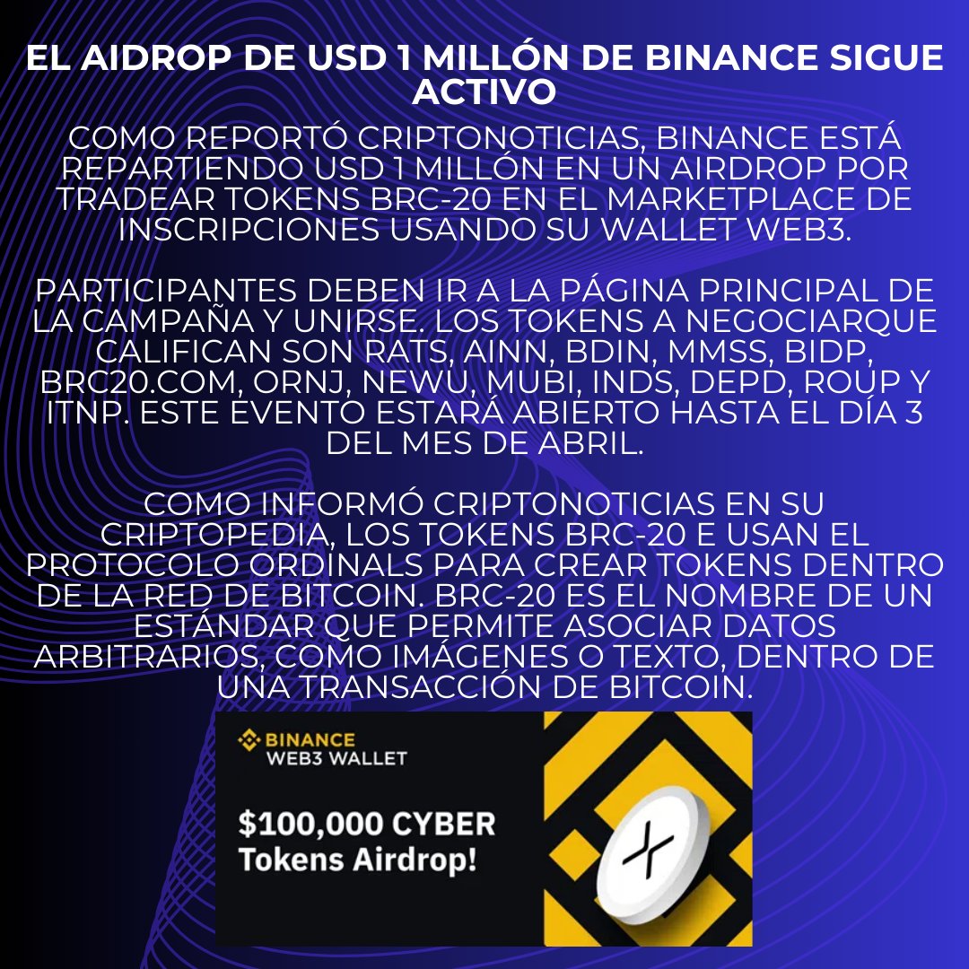 savannanews10's tweet photo. 🌟¡Atención criptoentusiastas!
🚀🔥 Binance anuncia 3 airDrops para usuarios de su wallet Web3.
💼Descubre cómo puedes obtener criptomonedas gratis simplemente por ser parte de la comunidad.
#Binance #AirDrops #Criptomonedas #WalletWeb3 #LISTA #DODO #CYBER https://t.co/tZhM6JmZro