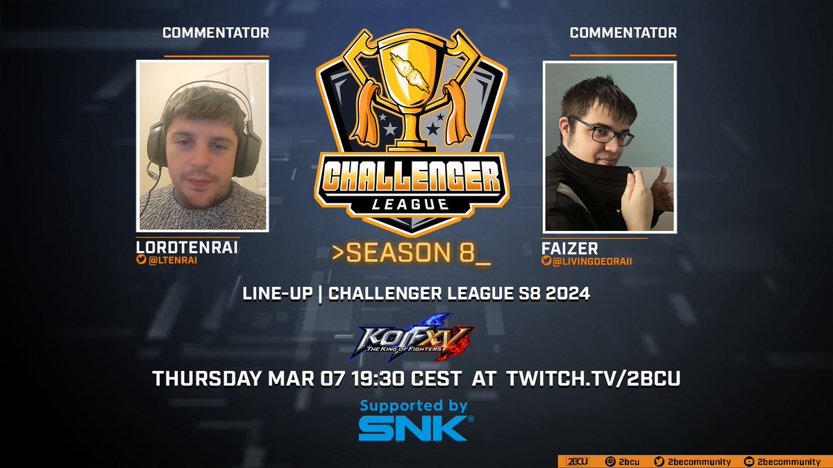 2becommunity's tweet photo. Wanna play some #KoFXV?!😉
📢KoF Thursday in Challenger League, spread the word!

👇Sign up and fight for your spot in the play-offs
https://t.co/fpurSMoQQA

Again top tier commentary 🎙️ today by @LTenrai &amp; @LivingDeoraII 
📺https://t.co/gBoNvi9FoJ https://t.co/Mqaw5ex3ub
