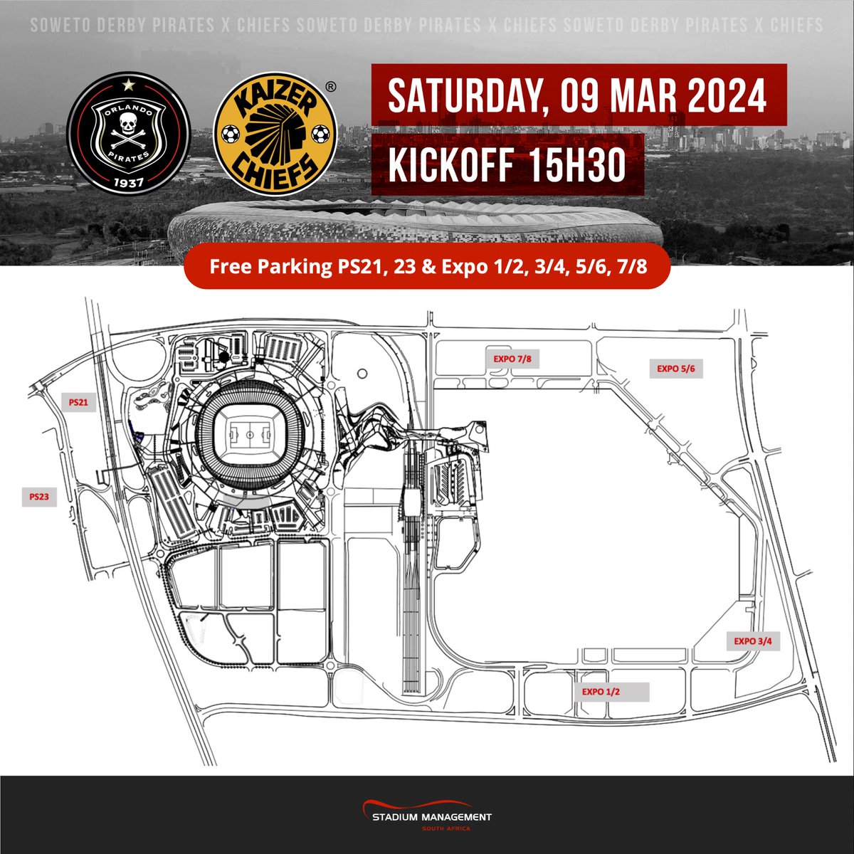 Pay attention to the infographic below for information on free parking at FNB Stadium for the Soweto Derby this Saturday. Free parking zones are: Expo 1/2, 3/4, 5/6, 7/8, PS21 & PS23. #smsa #fnbstadium #sowetoderby #dstvpremiership