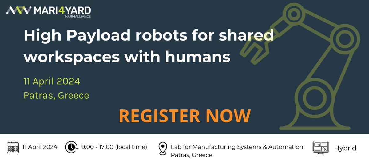 👩‍🚒🤖🧑‍🔧 safe human-robot collaboration, come to learn more! 📌 On 11 April, clear your agenda and attend the Mari4_YARD training course, online or in person. Register here mari4yard.eu/avada_portfoli…