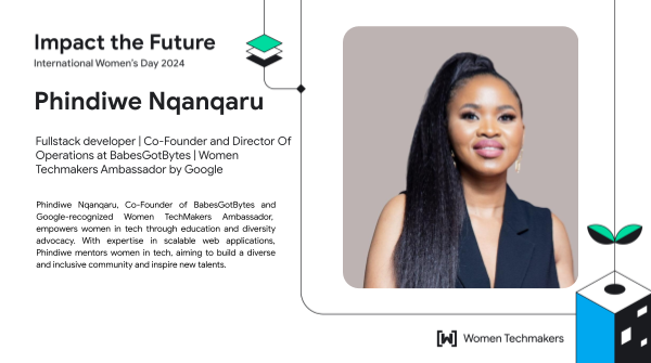 GDGCapeTown's tweet photo. 🚀Meet #IWD2024 Panelist: Phindiwe Nqanqaru, Fullstack Developer,Co-Founder @BabesGotBytes &amp; @WomenTechmakers Ambassador! 
👩‍💻Championing #WomenInTech through coding education &amp; advocacy.
🔧Expert in scalable web apps, dedicated to diversity &amp; mentorship.
#IWD2024 #ImpactTheFuture https://t.co/WghMd9hSuW