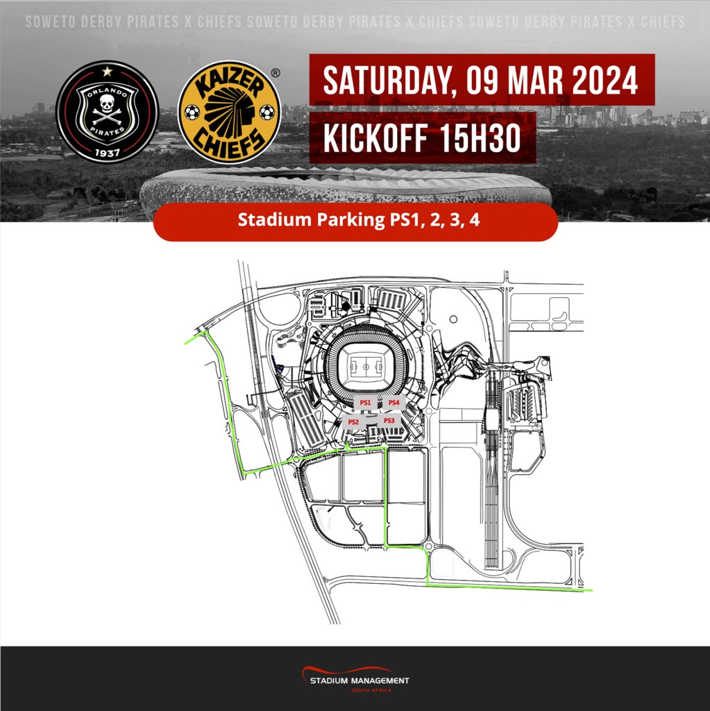 Pay attention to the infographic above for information on inside stadium parking at FNB Stadium for the Soweto Derby this Saturday. Zones for this purpose are: PS1, PS2, PS3 & PS4. #smsa #fnbstadium #sowetoderby #dstvpremiership