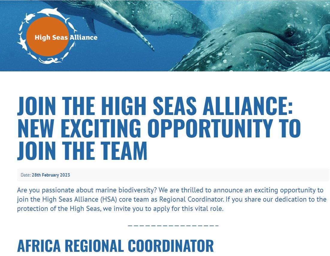 #Job #opportunity to join @HighSeasAllianc as Regional coordinator for Africa to advance ratification and early operationalization of the #BBNJ #HighSeasTreaty Candidates should be from, and based in, the region. Please share widely. highseasalliance.org/2023/02/28/joi…