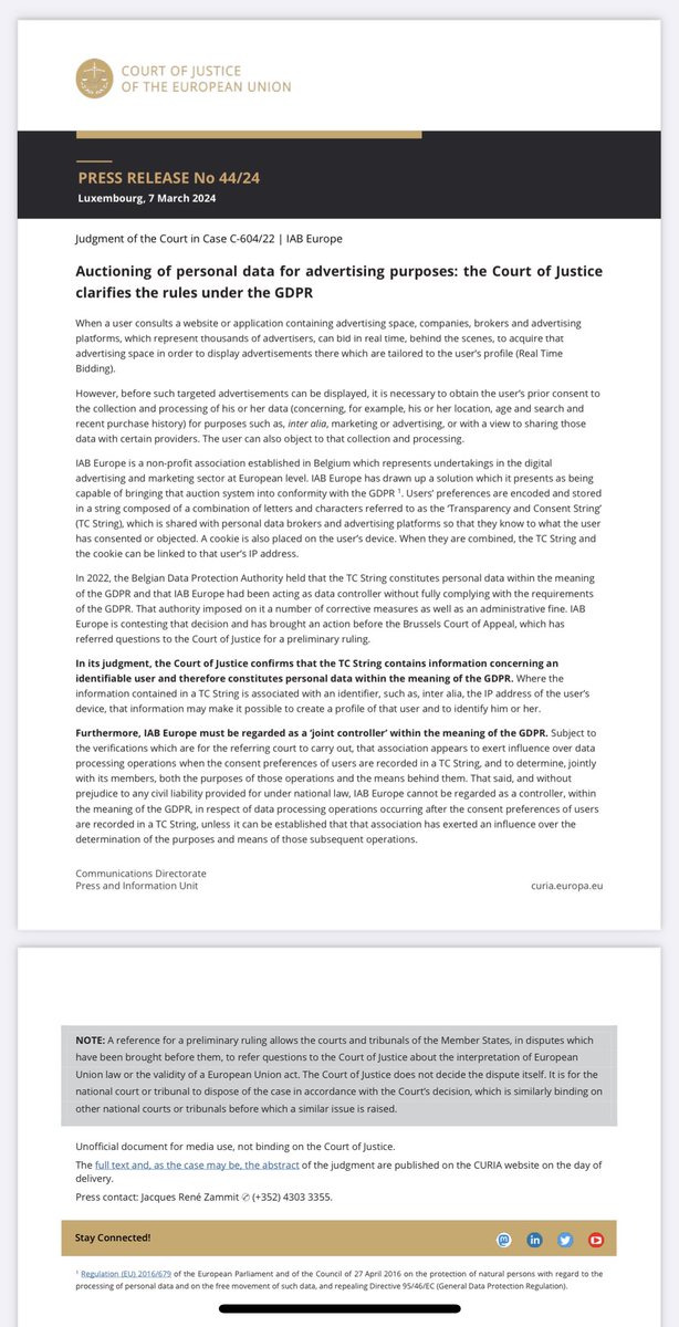 Luis Montezuma | @luismontezuma@mstdn.social (@montezumachavez) on Twitter photo Judgment of the Court in Case C-604/22 | IAB Europe
Auctioning of personal data for advertising purposes: the Court of Justice clarifies the rules under the GDPR Judgment of the Court in Case C-604/22 | IAB Europe
Auctioning of personal data for advertising purposes: the Court of Justice clarifies the rules under the GDPR