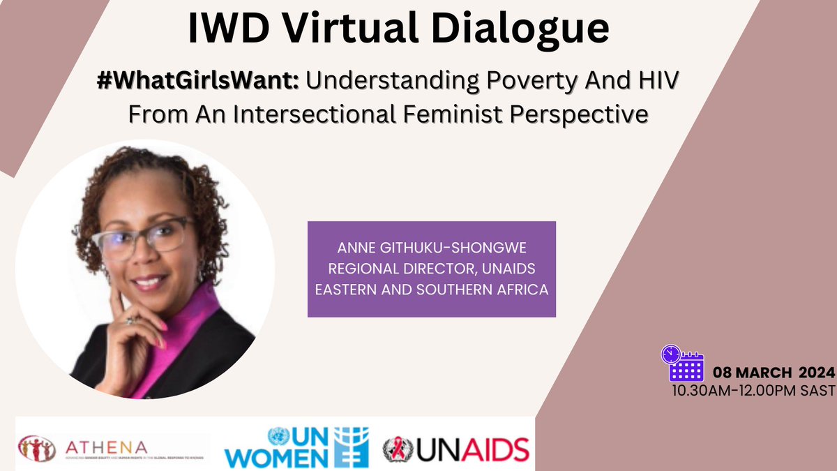 Join us on #InternationalWomensDay for a webinar we are co-hosting with ATHENA network and @UN_Women. w/ @UNAIDS Regional Director @Anneshongwe reflecting on poverty and #HIV from an intersectional feminist perspective. Register here to join us02web.zoom.us/webinar/regist…