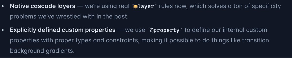 oddcelot's tweet photo. @adamwathan awww yisss, at first glance these got me excited (besides @lightningcss)
was always wondering about why layers declarations won't end up in real layers 😅 https://t.co/HdnLz9WaoP