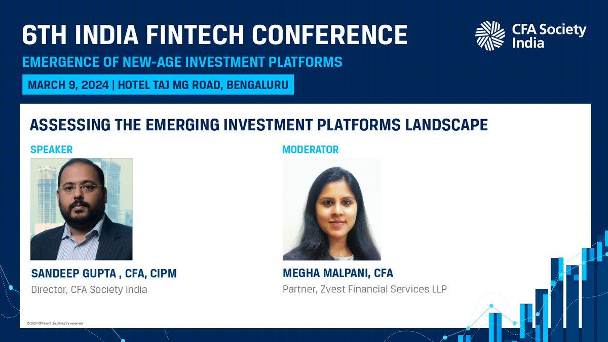 CFASocietyIndia's tweet photo. The first session at the 6th India Fintech Conference in Bengaluru will set the tone right by assessing the emerging investment platforms. #IndFintech
Last few seats left! Register now! https://t.co/q1hvkHEbjy https://t.co/szU125ruJG