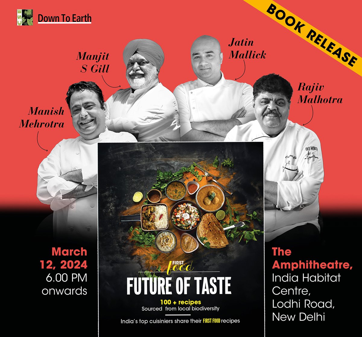 Attention foodies & conservationists! 📢 Future of Taste, the latest book in our 'First Food' series, will be released March 12, 2024 at @IHCDelhi. Join @manishmehrotra, Manjit S Gill, Rajiv Malhotra & Jatin Mallick in a unique gastronomical journey cseindia.org/book-release-f…