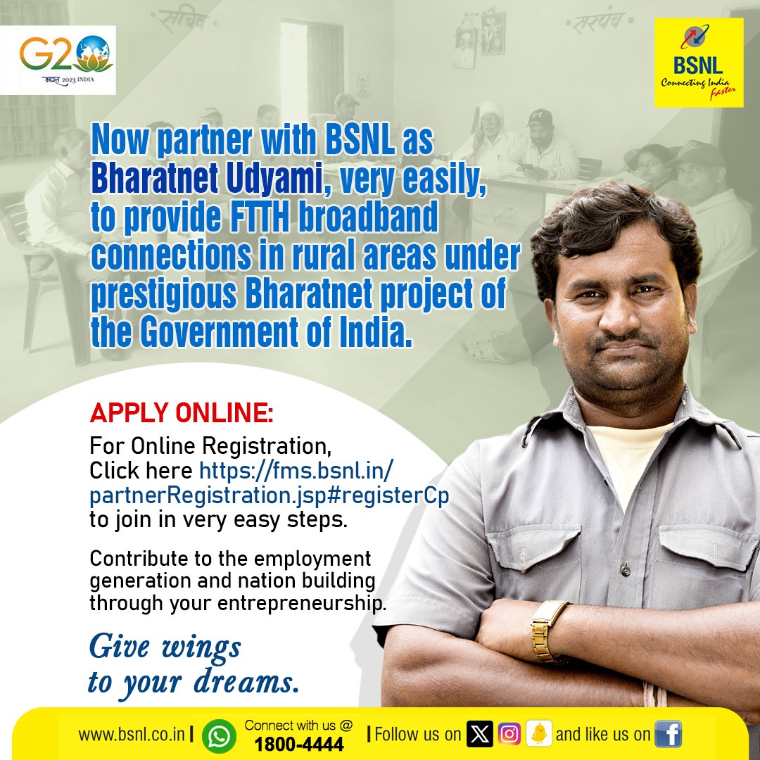 #EmpowerRuralConnectivity
Join forces with #BSNL as a #BharatnetUdyami and contribute to the GoI's prestigious #BharatNetProject, making FTTH broadband connections easily accessible in rural areas.

Click here to Apply Online:  fms.bsnl.in/partnerRegistr…