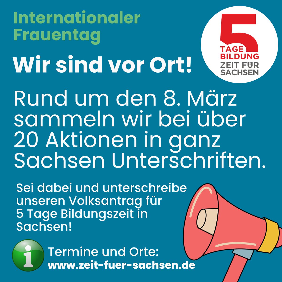 Rund um den Internationalen #Frauentag sind wir mit unserem #Aktionstag in ganz #Sachsen unterwegs und sammeln Unterschriften für unseren #Volksantrag für 5 Tage #Bildungszeit in Sachsen. Kommt vorbei und unterschreibt! Hier findet ihr aktuelle Termine: zeit-fuer-sachsen.de