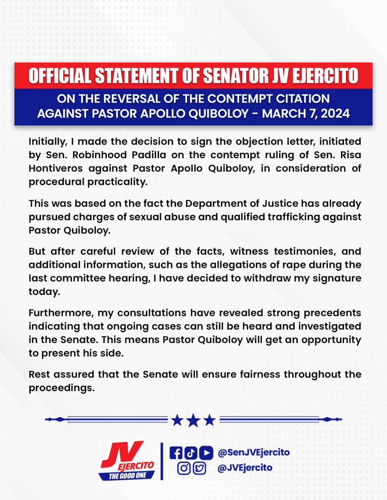 jvejercito's tweet image. Official statement on the reversal of the contempt citation vs Pastor Apollo Quiboloy: After careful review of the facts, witness testimonies, &amp;amp; additional information, such as the allegations of rape during the last committee hearing, I’ve decided to withdraw my signature today.