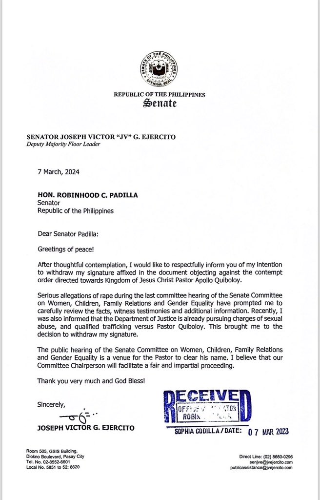 jvejercito's tweet image. Official statement on the reversal of the contempt citation vs Pastor Apollo Quiboloy: After careful review of the facts, witness testimonies, &amp;amp; additional information, such as the allegations of rape during the last committee hearing, I’ve decided to withdraw my signature today.