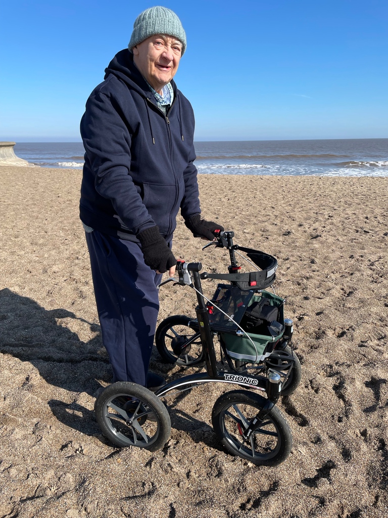 In this photograph, one can observe Jeff strolling casually along the sandy shores of Chapel Point.

#Trionic #Veloped #Walker #Rollator #accessibility #mobilityaid #mswarrior #ataxia #disability #trionicveloped