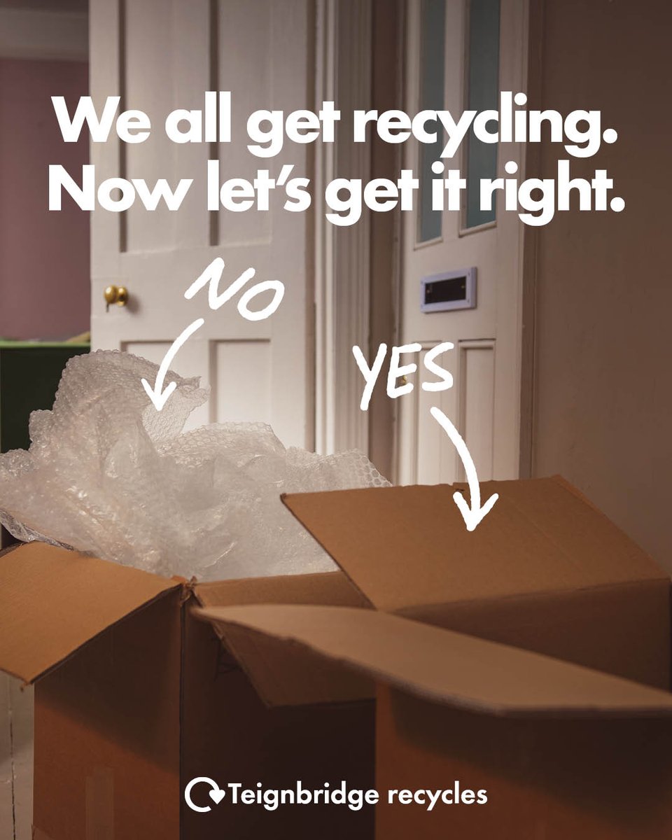 Let's recycle better, together. For each other. For Teignbridge 👍 When using your green box or local recycling bank, don't forget to remove any bubble wrap and plastic packaging from your boxes. Check what you can recycle in your green box at: teignbridge.gov.uk/greenbox ♻️