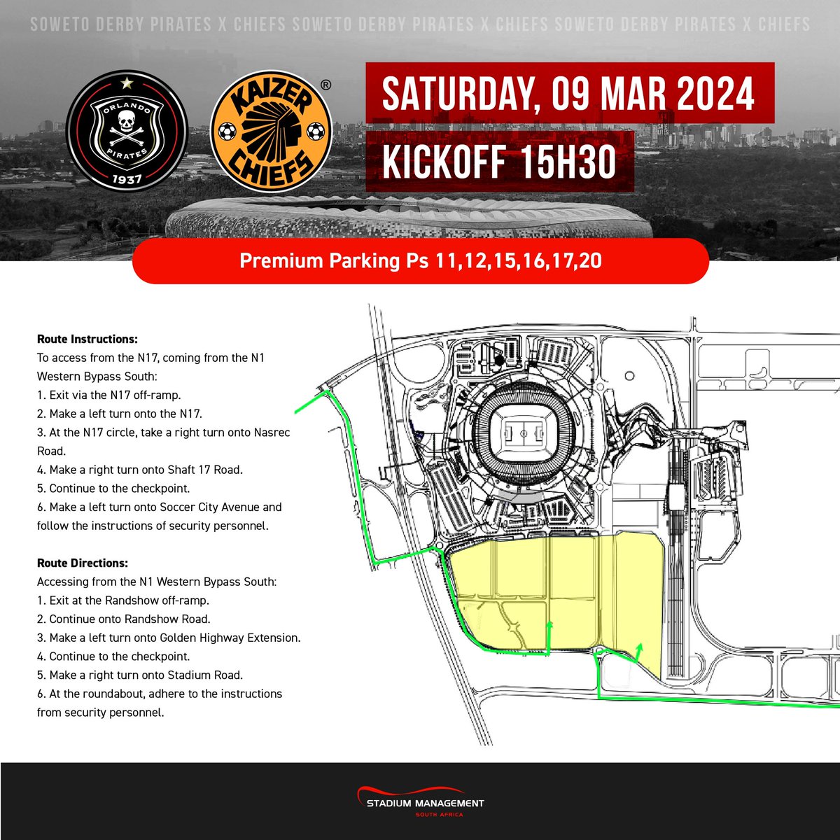 Pay attention to the infographic above for information on premium parking at FNB Stadium for the Soweto Derby this Saturday. Premium parking zones are: PS11, PS12, PS15, PS16, PS17 & PS20 in the yellow zone shown. #smsa #fnbstadium #SowetoDerby #DStvPrem