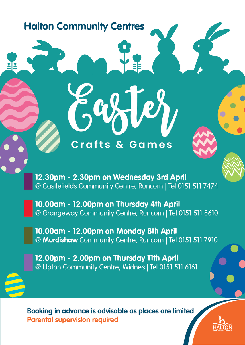 Lots of egg-citing Easter events coming up.  Telephone to book your place. #easter2024 <a href="/HaltonBC/">Halton Council</a>