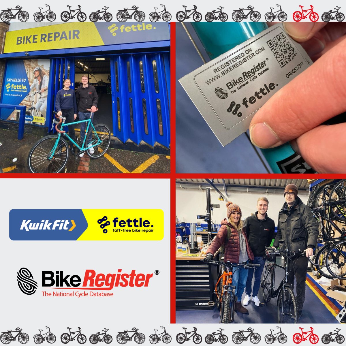 bikeregister's tweet image. @fettlebike recently acquired by KwikFit, have partnered with BikeRegister. The partnership launched at their Bristol workshop, was a great success with 23 bikes marked and protected during the event. Read more: bit.ly/4bZfHki
#BikeRegister #BikeMarking #LockItMarkIt