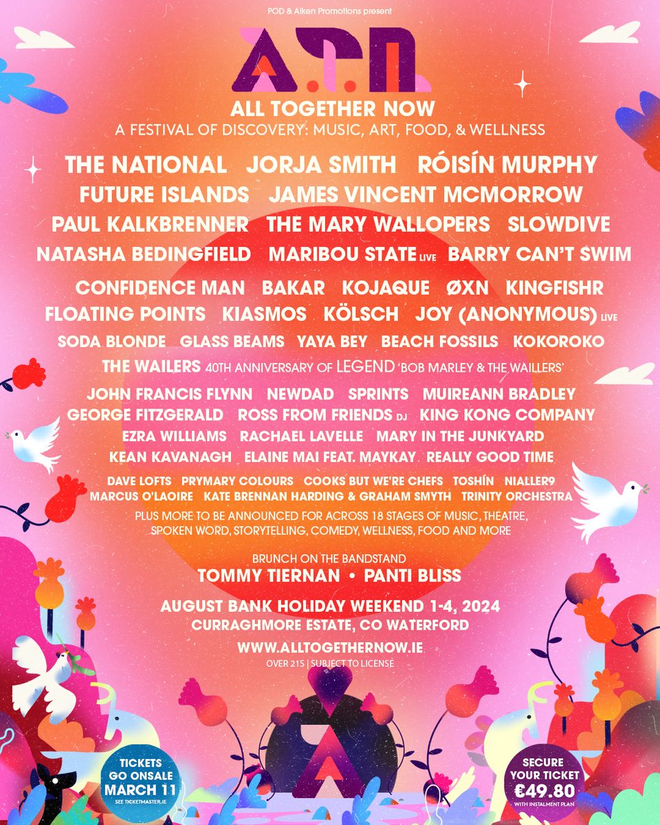 Discover the first 50 artists for ATN24 🕊️ Join us for a three day bank holiday like no other, step into an enchanting weekend of music, art, food, wellness and some much more ✨ Tickets go on sale Monday at 9 AM via @tmie 🎫 alltogethernow.ie