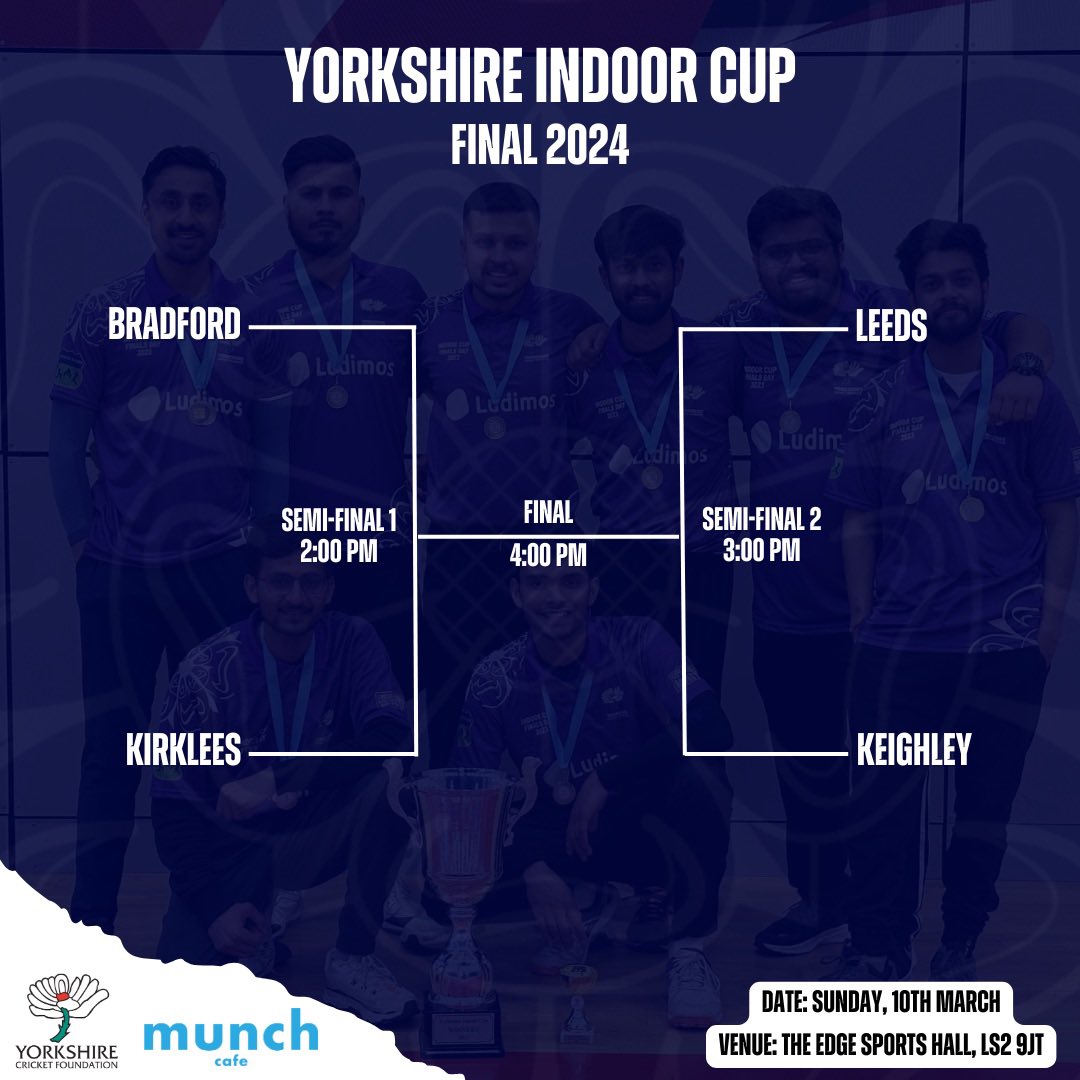 The 3rd edition of the Yorkshire Indoor Cup Finals Day is back again this Sunday with four teams competing for the coveted trophy. To know more, visit yorkshireccc.com/news/yorkshire… @YorkshireCCC @munchcafeleeds @Yorkshirecb @CricHeroes