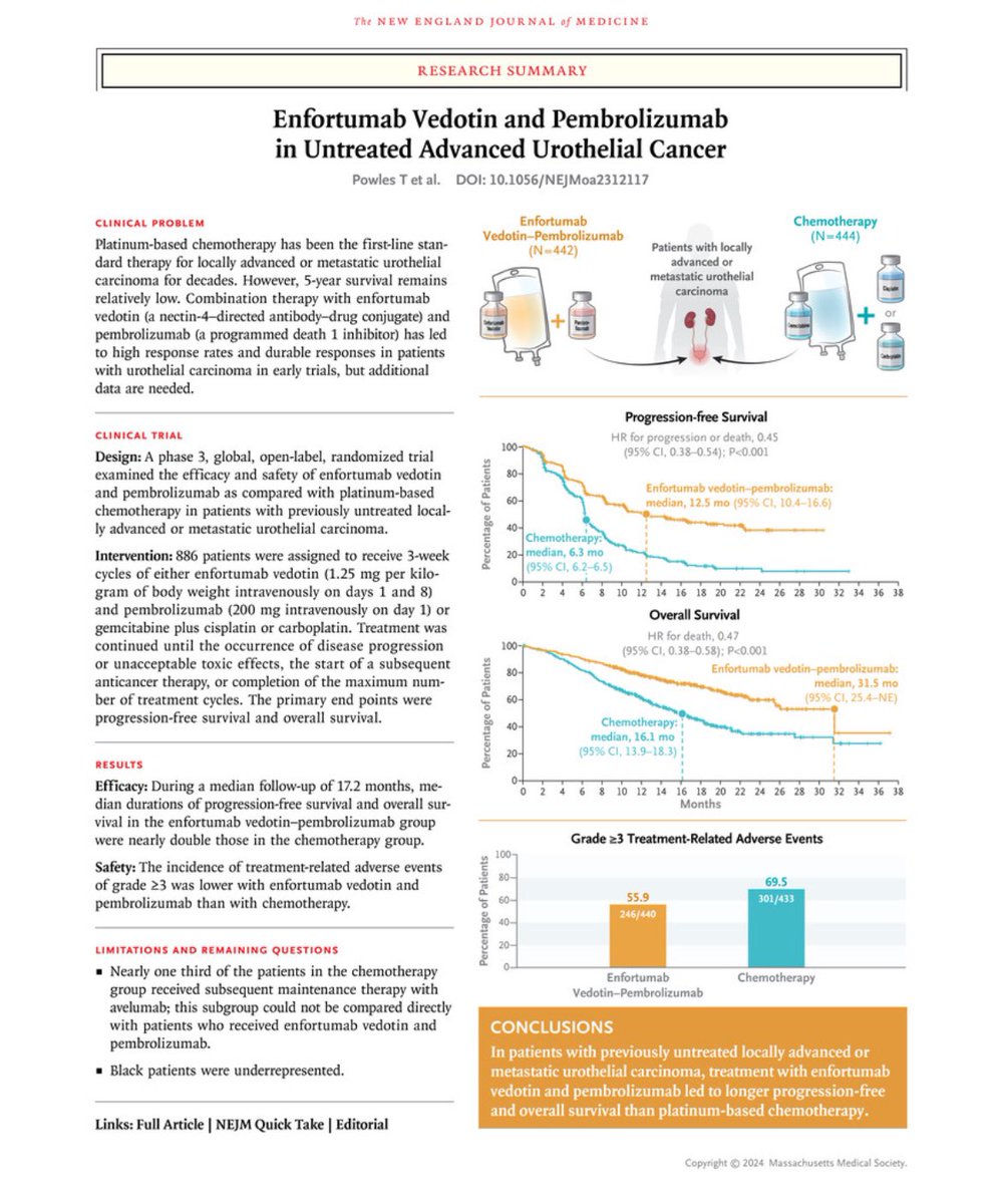 Enfortumab Vedotin + Pembrolizumab casi duplica las tasas de supervivencia global y supervivencia libre de progresión comparado con quimioterapia (gemcitabina + cisplatino o carboplatino) en pacientes con tumor vesical localmente avanzados o metastásicos no tratados incialmente.