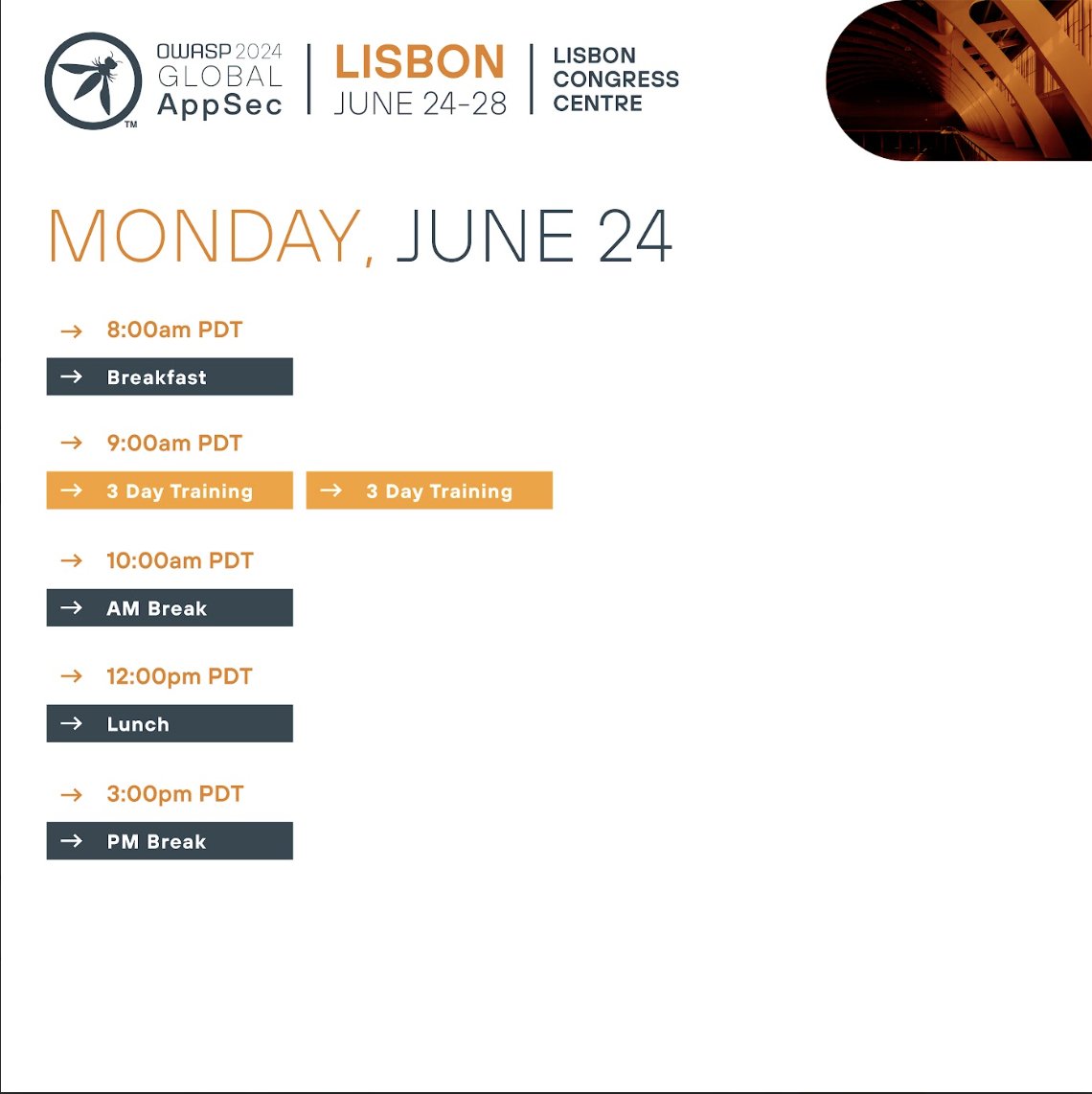 owasp's tweet photo. Schedule sneak peek of OWASP 2024 Global AppSec Lisbon! 🤫
Get your tickets now using the link below!
https://t.co/SVPAVlybFt
#owasp #appsec #developers #AI #MobileSecurity #cybersecurity#lisbon #portugal #networking #threatmodeling #womeninappsec #devsecops #training #expo https://t.co/46enEiTkkm