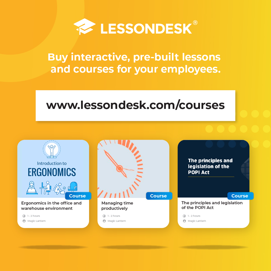LessonDesk's tweet image. In need of more impactful training materials? Lesson Desk grants you access to a multitude of pre-designed, micro-learning #courses and #lessons. Explore our range by visiting: lessondesk.com/courses.
#onlinelearning