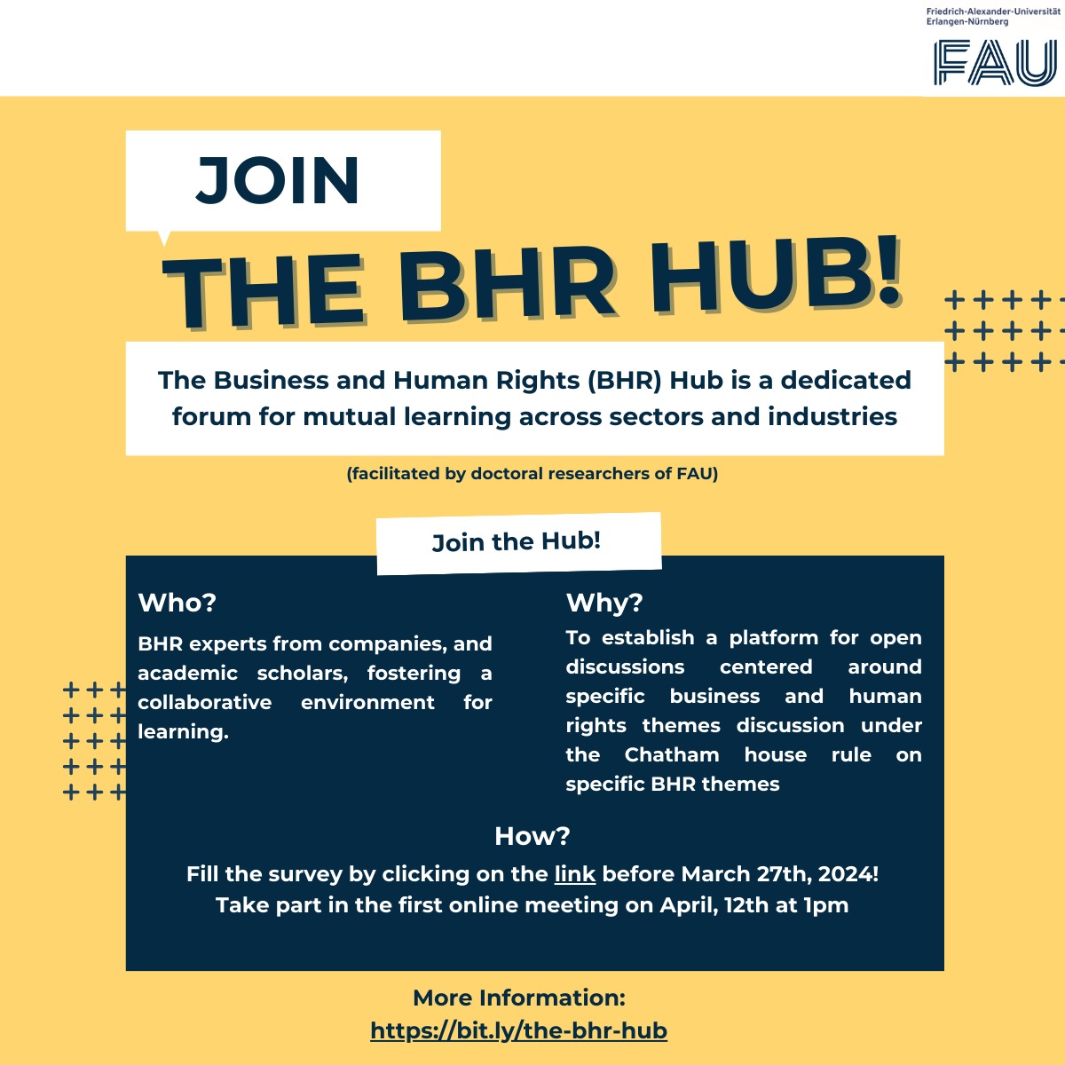 Exciting News! Introducing the BHR Hub - a forum for mutual learning and engagement across sectors and industries. Join us in shaping the future of Business and Human Rights! 🌐💼

📌 Fill out the survey by March 27th: bit.ly/3InLAp2
#Bizhumanrights #BHRHub