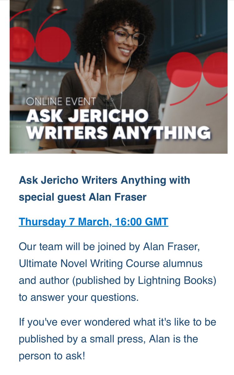 TheWritingAlan's tweet image. Reminder to all @jerichowriters subscribers! I’ll be joining the JW team for a #WorldBookDay2024 edition of ‘Ask Jericho Anything’ at 16:00 GMT TODAY. You can ask us all your most pressing questions about #writing &amp;amp; #gettingpublished. Register w the link in Jericho’s 27/02 email