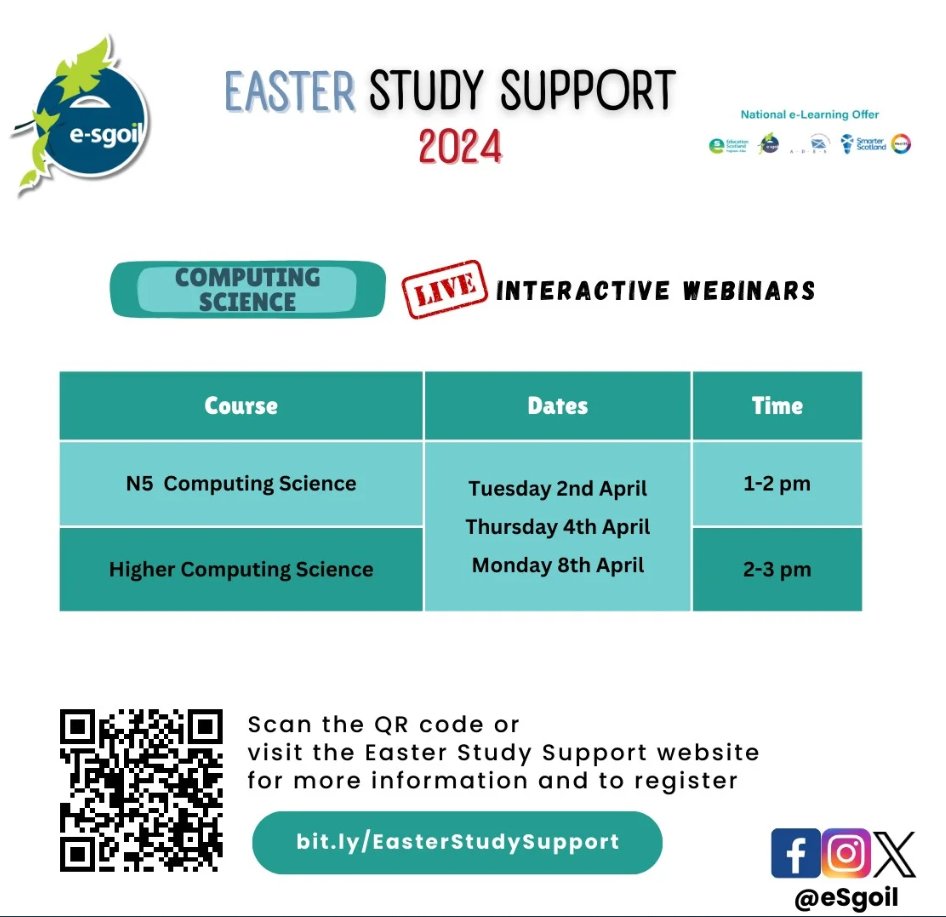 Teaching or studying Computing Science in the Senior Phase? You can check our Easter Study Support webinar times at a glance with this handy timetable graphic. Please feel free to share in your school department or online. e-sgoil.com/senior-phase/e… #NeLO