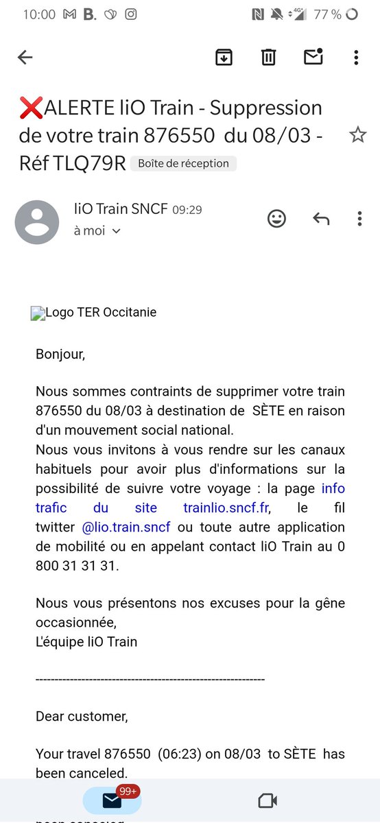 alixouux's tweet photo. @lio_train_sncf Bonjour,  j'ai reçu un mail pour me dire que le TER 876550 du 08/03 à destination de  Sète était supprimé. Cependant il n'est pas affiché 'annulé' sur votre site et des places sont toujours disponibles à l'achat. Pouvez - vous me confirmer ? Merci https://t.co/kpvx2Amfxy