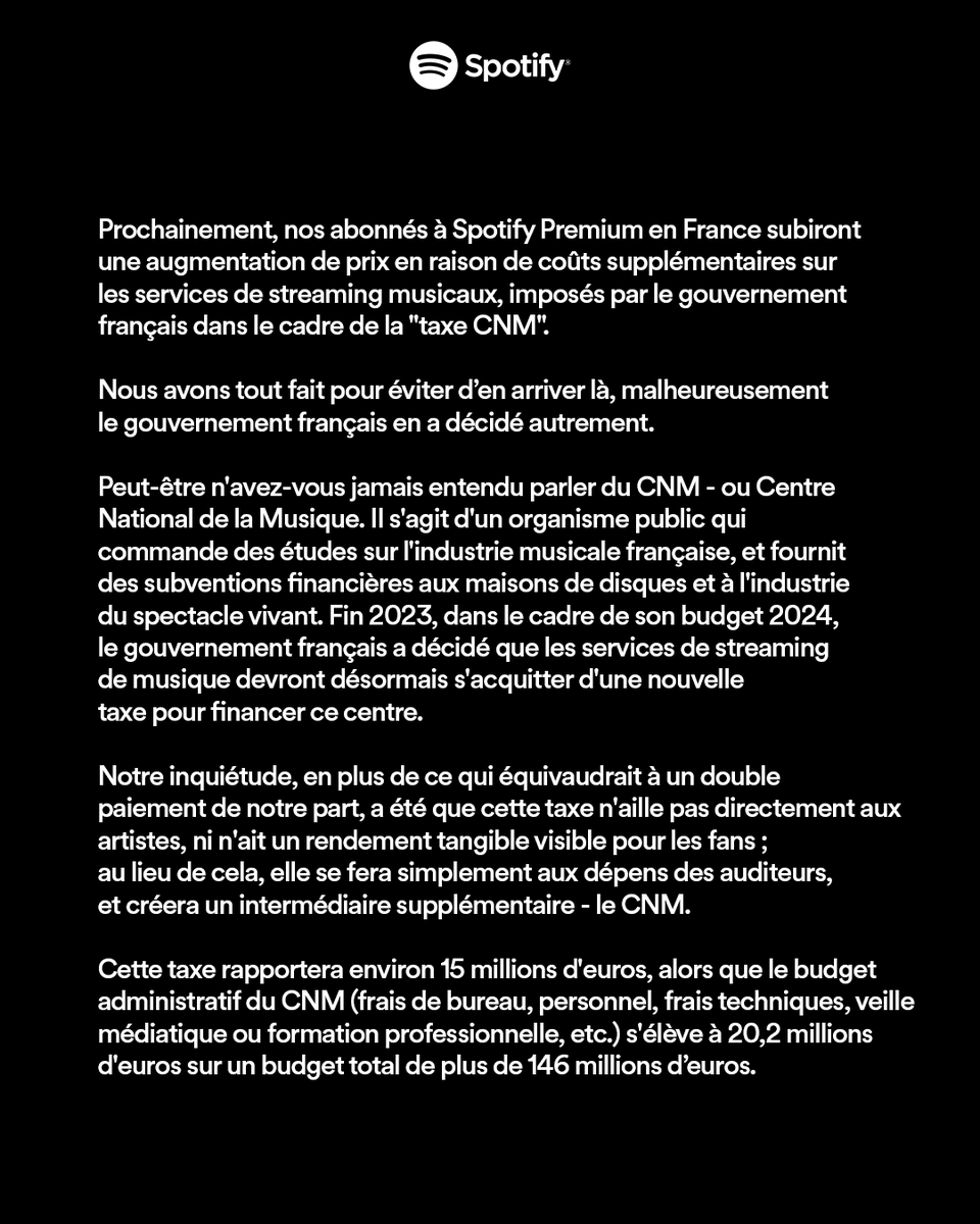 JVCom's tweet photo. Spotify va AUGMENTER ses prix en France !

La raison : la taxe CNM imposée par le gouvernement sur les services de streaming.

"Nous avons tout fait pour éviter d'en arriver là, malheureusement le gouvernement français en a décidé autrement." https://t.co/4RJvybBsSd